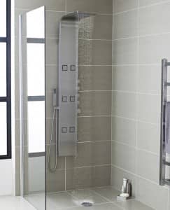Wet room with shower tower and tiles