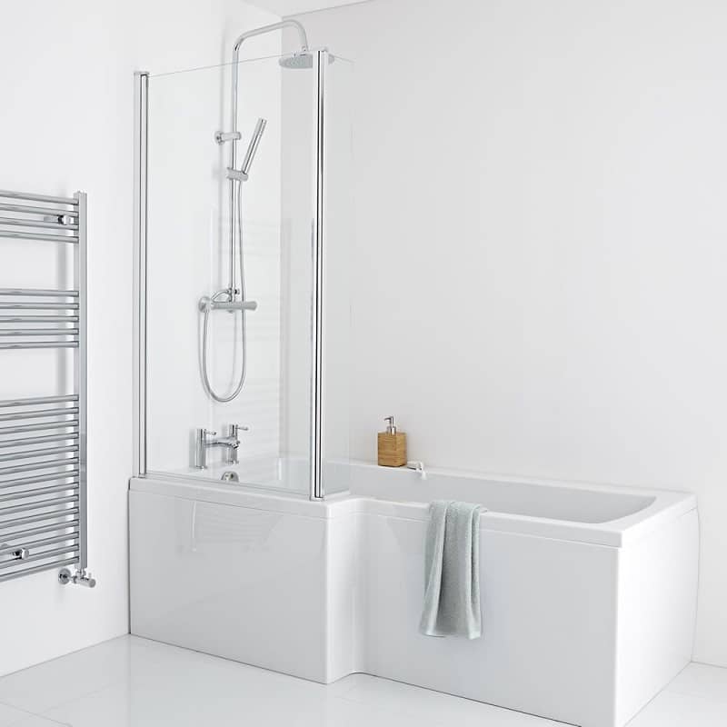White rectangular shower bath with glass shower panel and shower kit