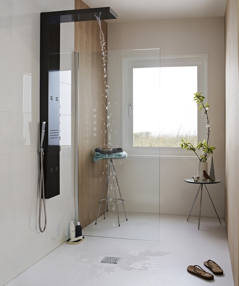 wet-room-2 modern wet room with black shower tower and minimalist furniture