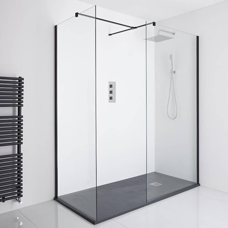 Black framed walk in shower with black slate shower tray
