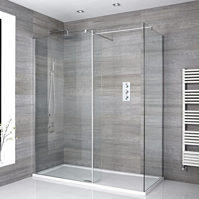 walk in shower with white shower tray and single entry