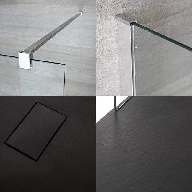 4 different images of parts of a shower tray and glass shower screen