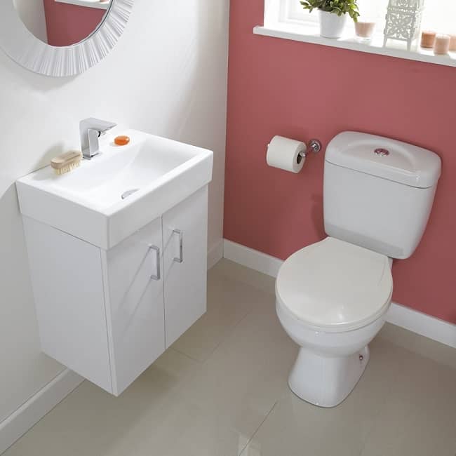 White wall hung vanity unit and classic close coupled toilet