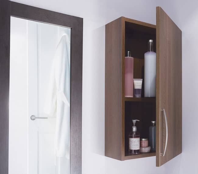 wall hung wooden bathroom cabinet with shelf and toiletries