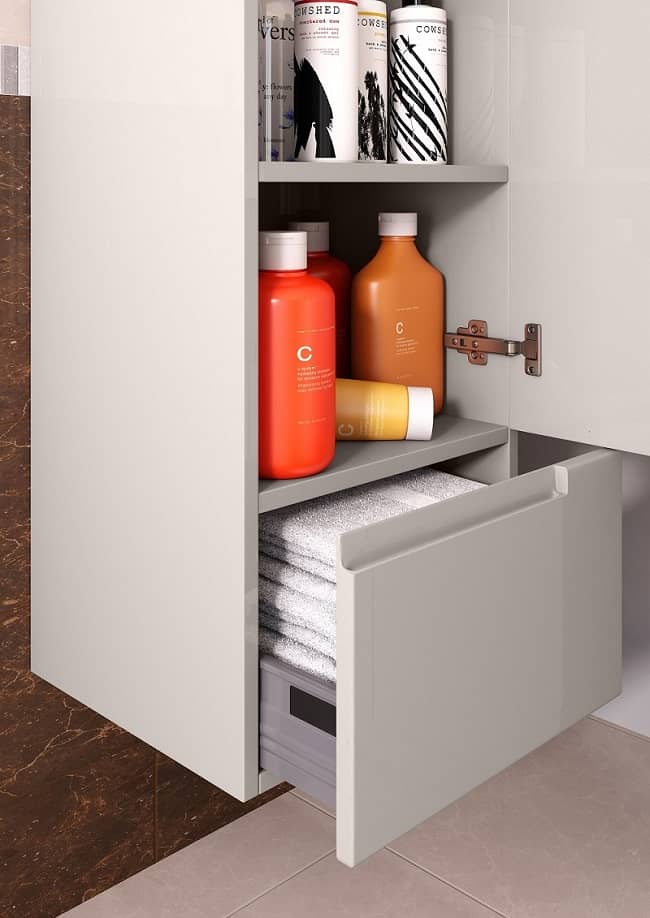 wall hung bathroom cabinet with shelf and drawer