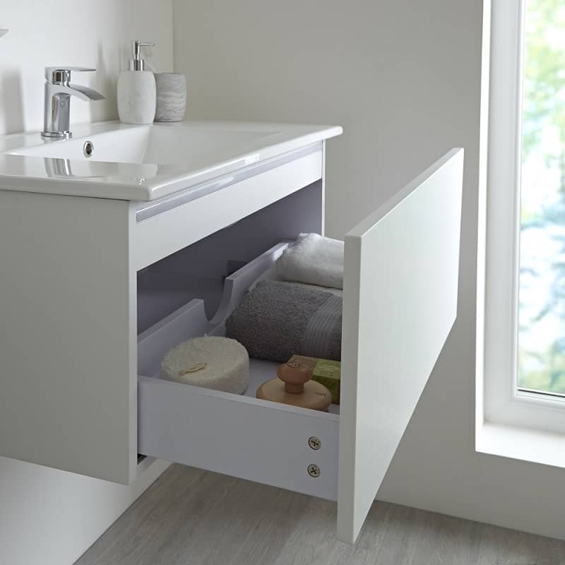 white vanity unit with open drawer