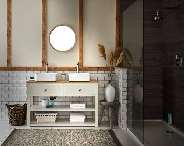 A Milano Henley country style ivory washstand and traditional basin in a country look bathroom