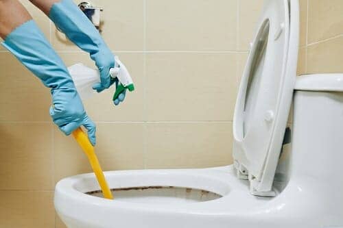 a person wearing rubber gloves cleaning a toilet with a spray and a toilet brush