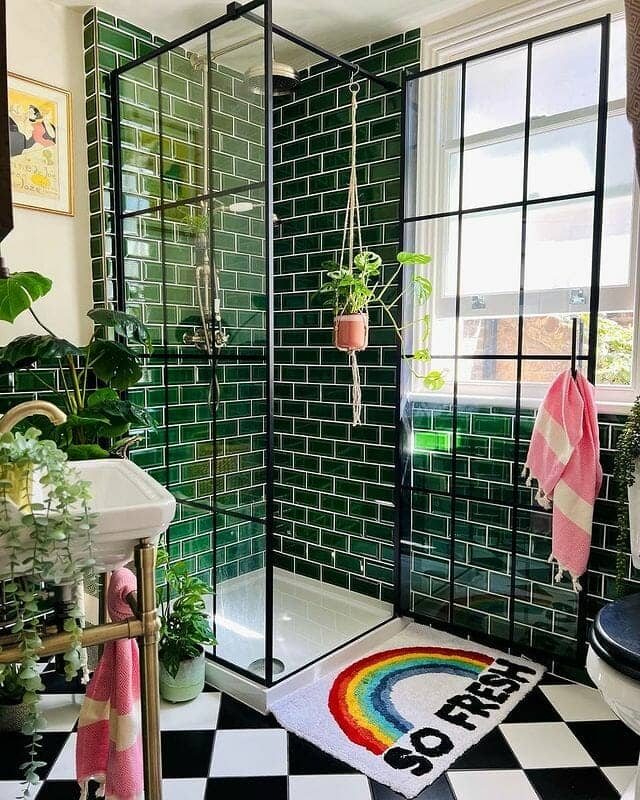 green and gold bathroom shower space