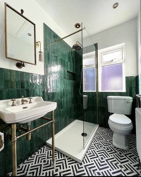 a green coloured mood boosting bathroom space