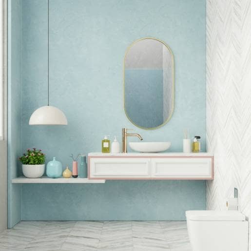 Pastel blue bathroom feature wall