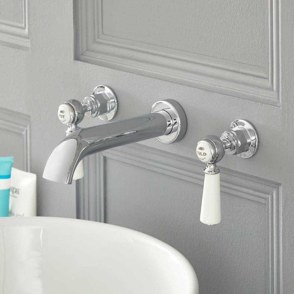 Milano Elizabeth - Traditional Wall Mounted 3 Tap-Hole Lever Basin Mixer Tap - Chrome and White