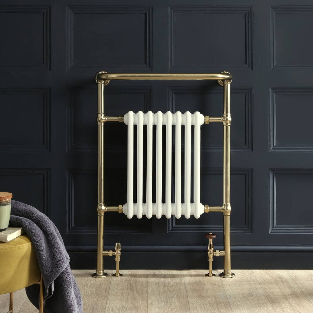 Milano Elizabeth heated towel rail in white and brushed brass Milano Elizabeth heated towel rail in white and brushed brass