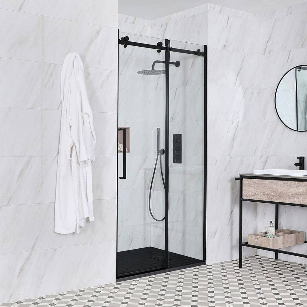 Milano Nero - Black Frameless Sliding Shower Door with Slate Tray