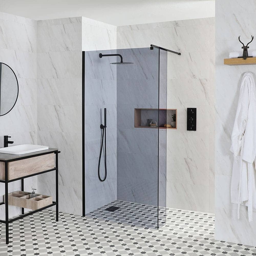 Milano Nero-Luna - Smoked Glass Wet Room Shower Enclosure with Hinged Return Panel