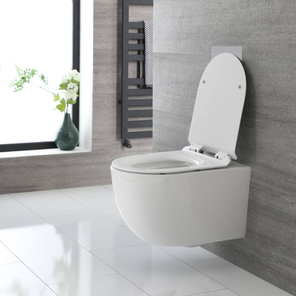 Milano Overton - White Modern Round Wall Hung Rimless Toilet with Soft Close Seat