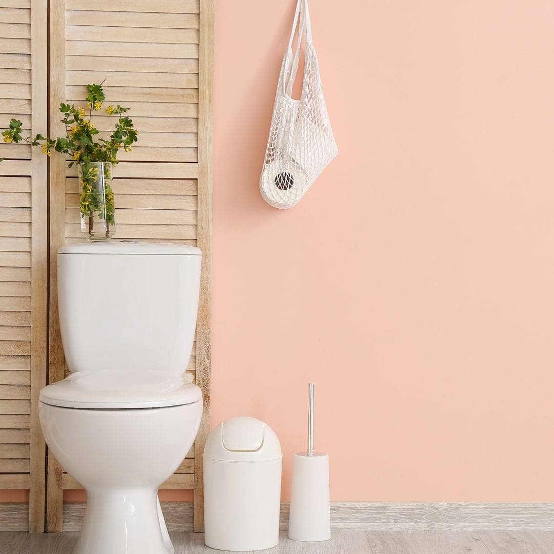 a white toilet, bin and toilet brush on a peach bathroom wall with wodden shutters