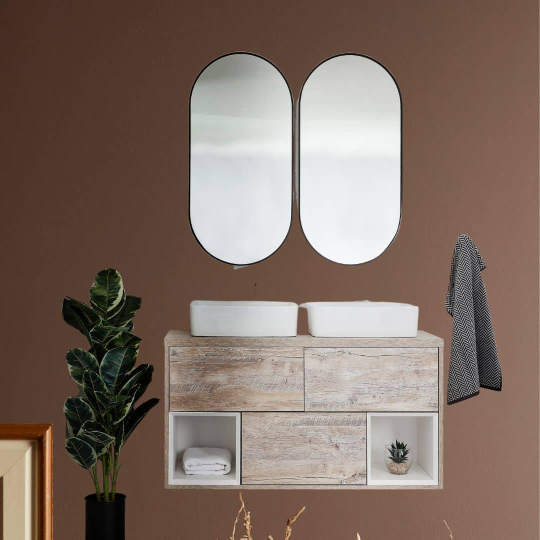 brown bathroom paint with wood vanity unit Milano Oxley and elderton paint